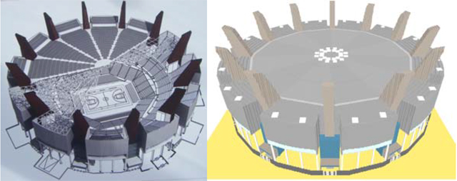 Figura 1. Render 3D (izda.) y modelo en FDS (dcha.) de la edificación
